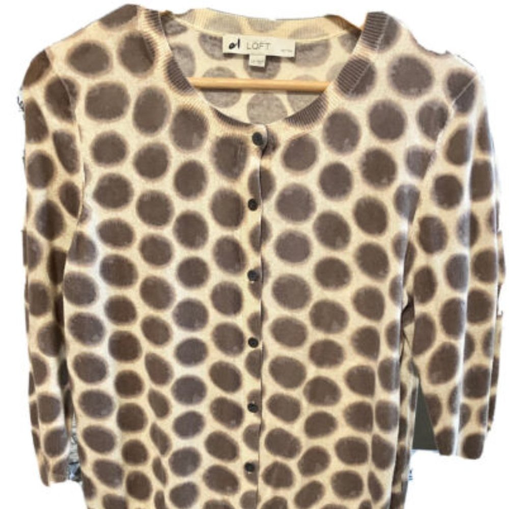 LOFT Women's Button Up Cardigan Sweater Size LP Beige Brown Polka Dot
